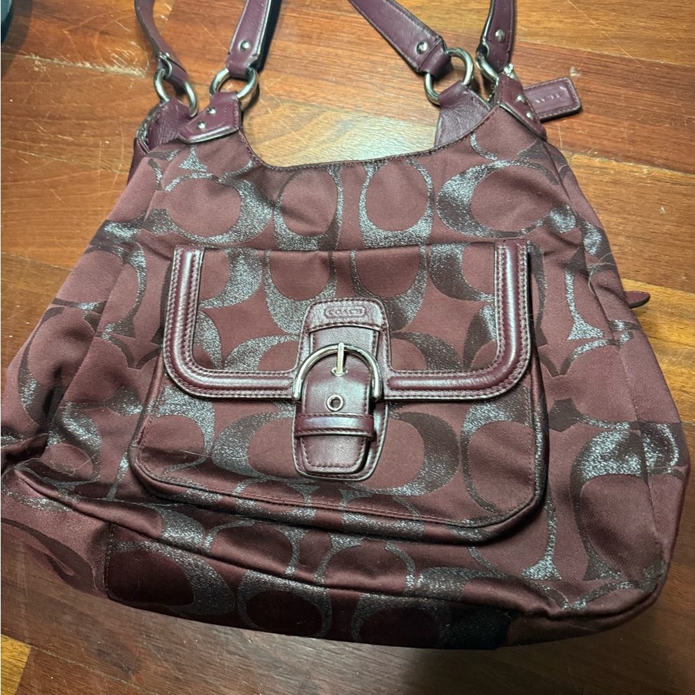 Coach Burgundy and Silver Patterned Shoulder Bag